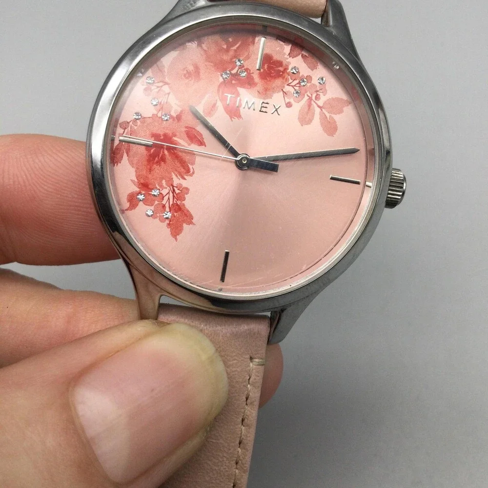 Timex Bloom Womens Analog Watch 36mm Pink Floral Dial Leather Strap New Battery